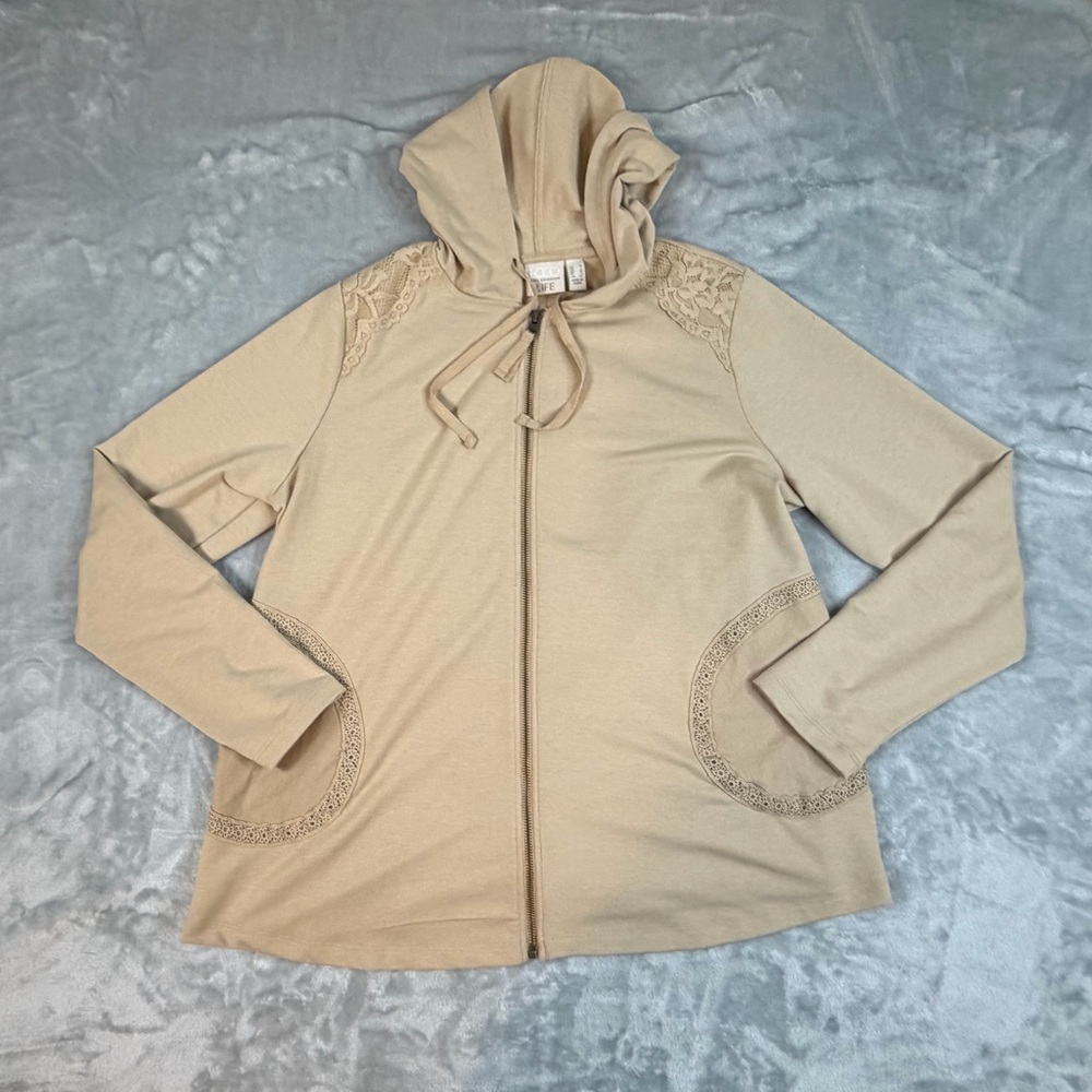 LOGO Lori Goldstein Hooded Zip-Up Medium Beige Jacket - Picture 5 of 11